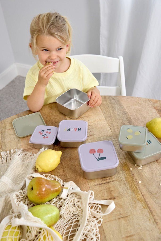 Set mit 3 kleinen Happy Fruit Lemon-Snackboxen aus Edelstahl